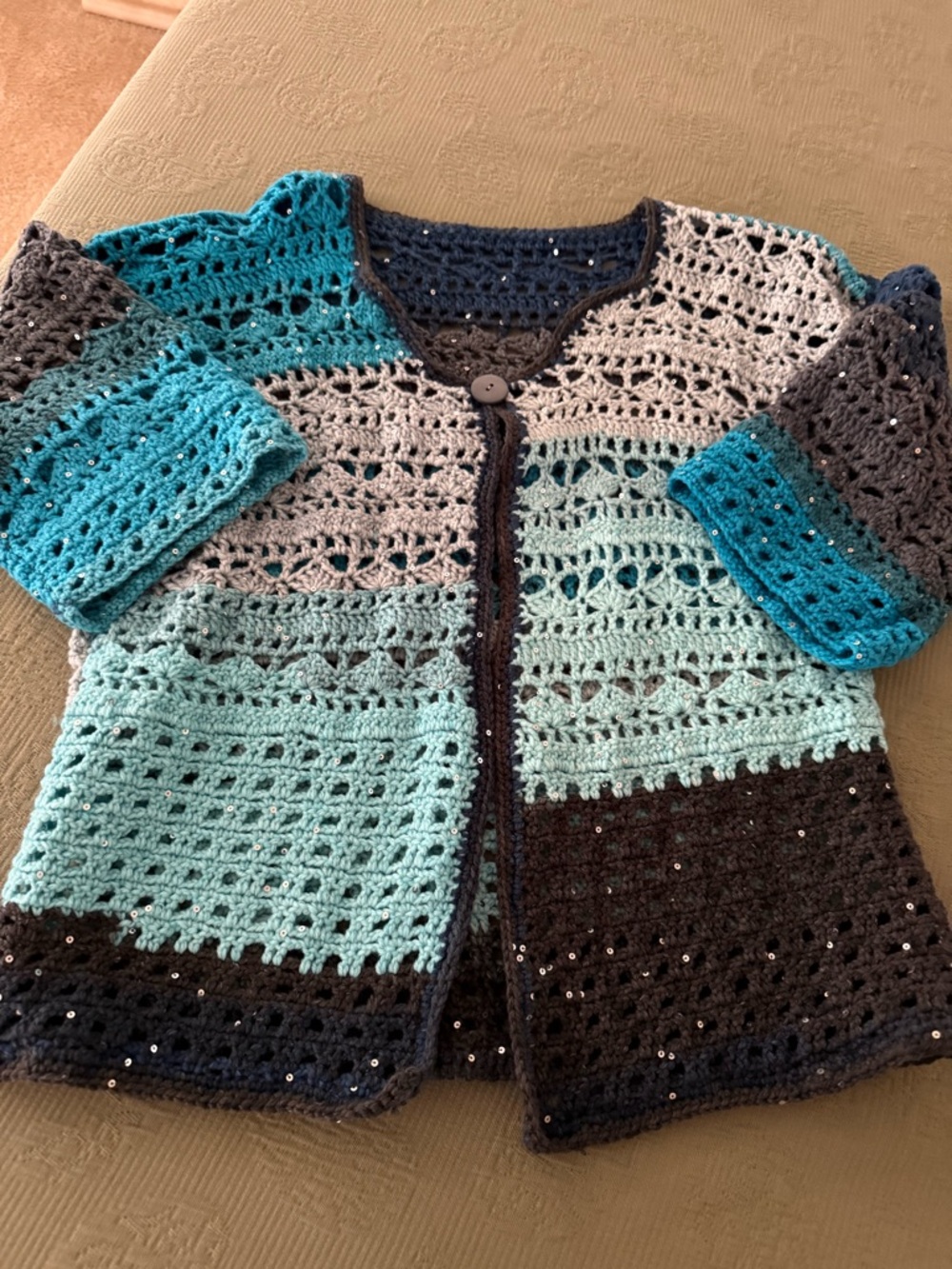 Handmade Crocheted Openwork Cardigan in Teal, Aqua & Charcoal